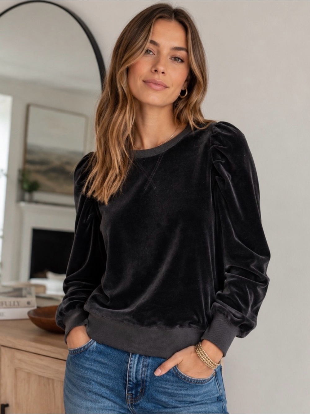 Rebecca Minkoff Black Velvet Puff-Sleeve Sweatshirt